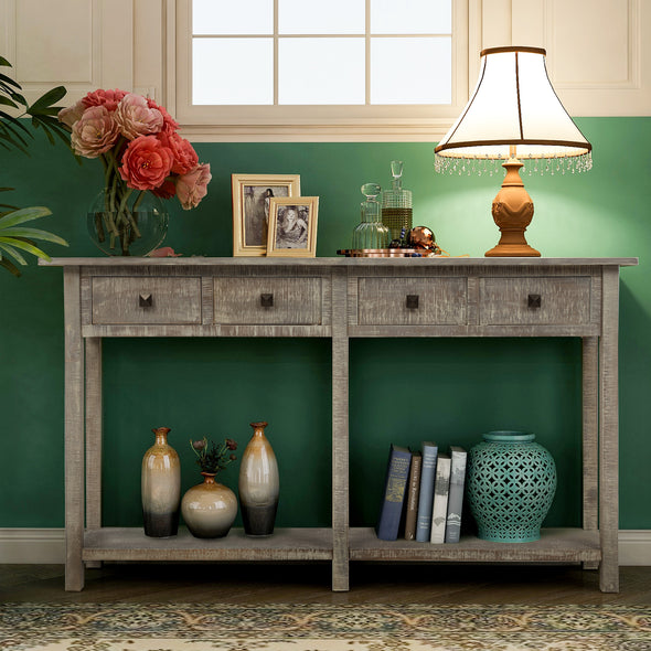 Rustic Brushed Texture Entryway Table Console Table with Drawers and Bottom Shelf for Living Room (Grey Wash)