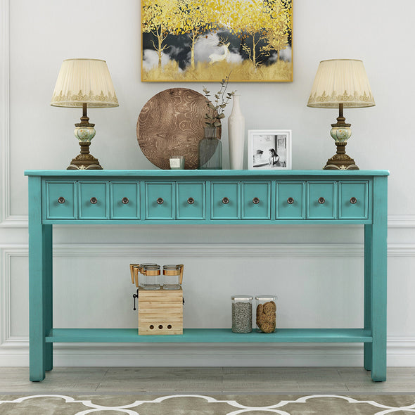 Rustic Entryway Console Table,  Long Sofa Table with two Different Size Drawers and Bottom Shelf for Storage (Blue)