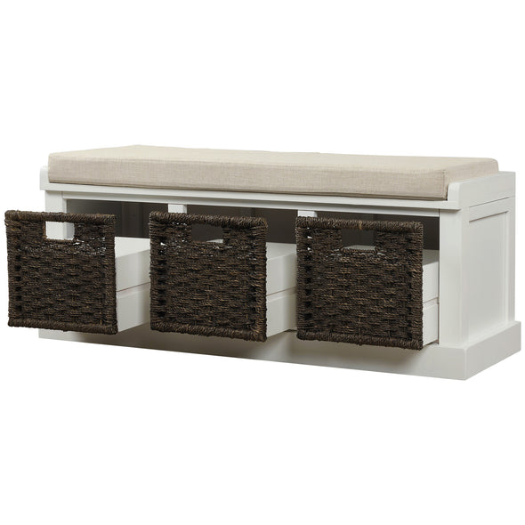 Rustic Storage Bench with 3 Removable Classic Rattan Basket , Entryway Bench Storage Bench with Removable Cushion (White)