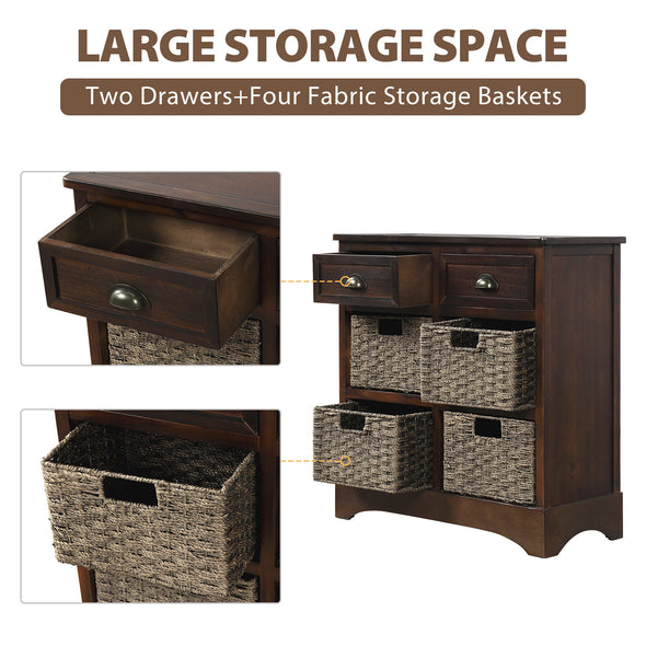 Rustic Storage Cabinet with Two Drawers and Four Classic Rattan Basket for Dining Room/Entryway/Living Room (Espresso)