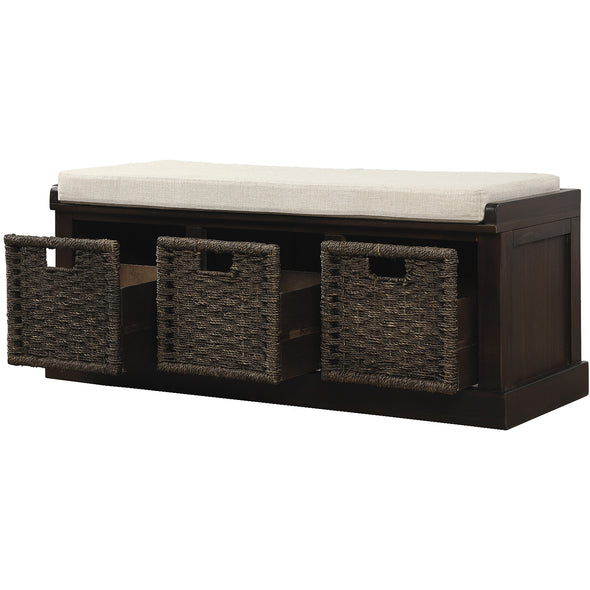 Rustic Storage Bench with 3 Removable Classic Rattan Basket , Entryway Bench with Removable Cushion (Espresso)