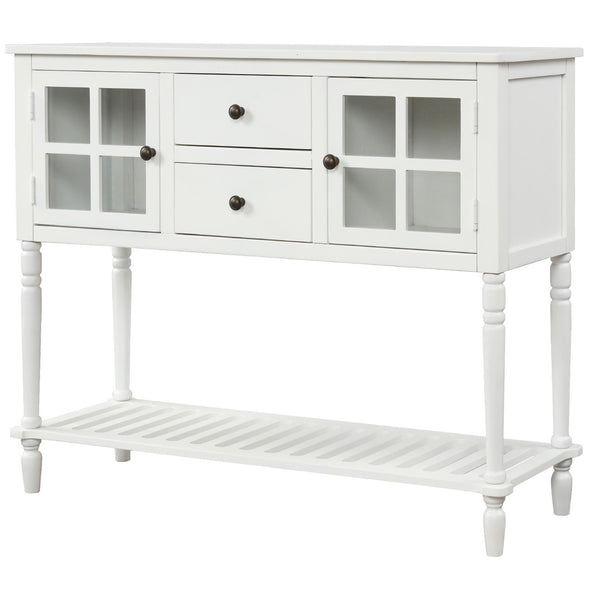 Sideboard Console Table with Bottom Shelf, Farmhouse Wood/Glass Buffet Storage Cabinet Living Room (White)