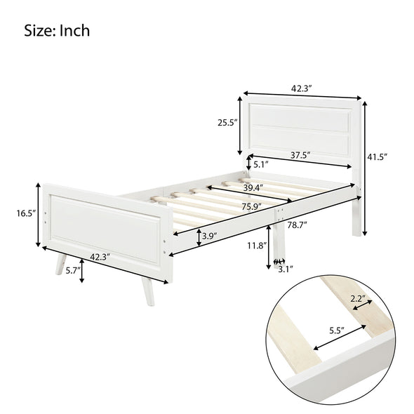Wood Platform Bed Twin Bed Frame Mattress Foundation with Headboard and Wood Slat Support (White)