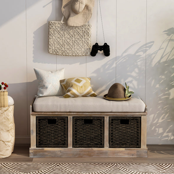 Rustic Storage Bench with 3 Removable Classic Rattan Basket , Entryway Bench with Removable Cushion (White Washed)