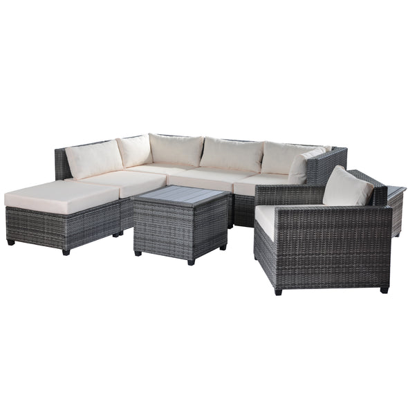 U_Style 8 Piece Rattan Sectional Seating Group with Cushions, Patio Furniture Sets, Outdoor Wicker Sectional