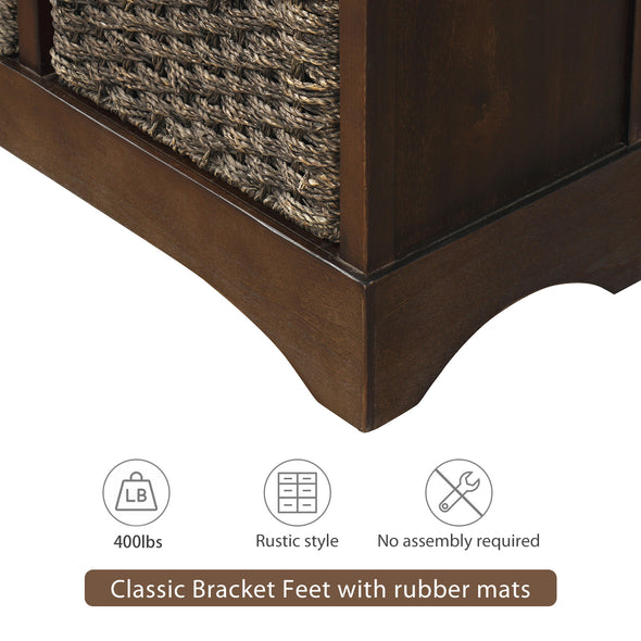 Rustic Storage Cabinet with Two Drawers and Four Classic Rattan Basket for Dining Room/Entryway/Living Room (Espresso)