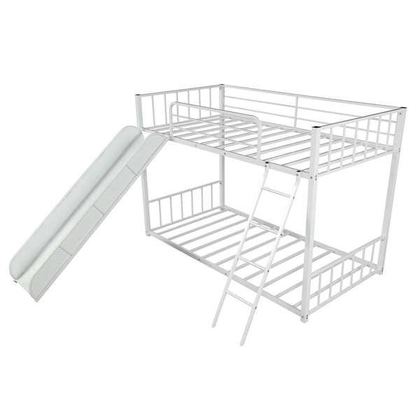 Metal bunk bed with slide, twin over twin, white