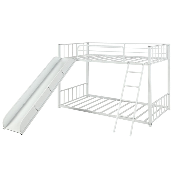 Metal bunk bed with slide, twin over twin, white