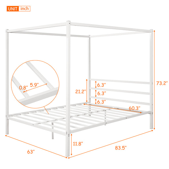 Metal Framed Canopy Platform Bed with Built-in Headboard,No Box Spring Needed, Classic Design, Queen ,White