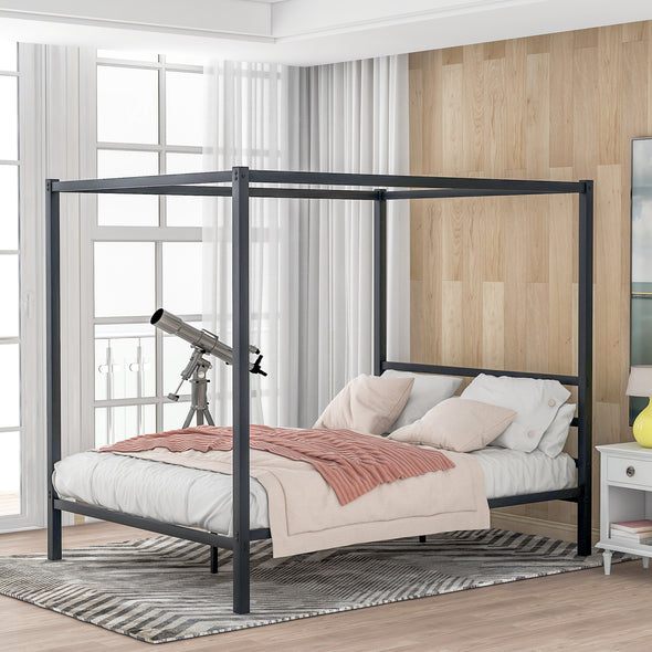 Metal Framed Canopy Platform Bed with Built-in Headboard,No Box Spring Needed, Classic Design, Queen , Black