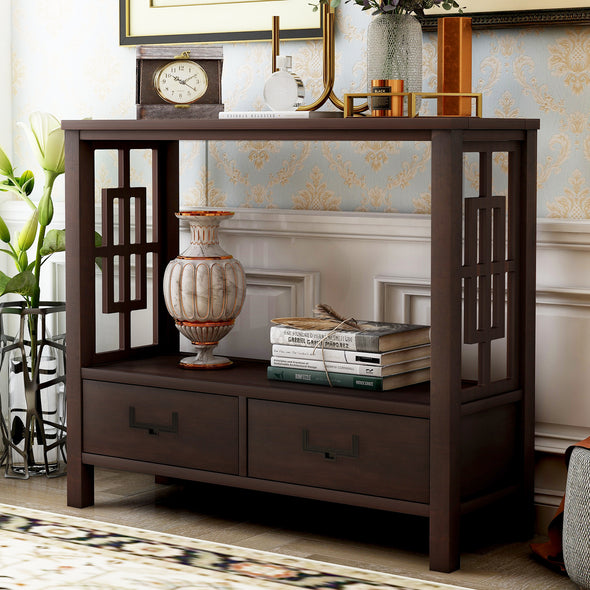 Console Sofa Table with Two Bottom Drawers, Farmhouse Narrow Sofa Table for Entryway (Espresso)