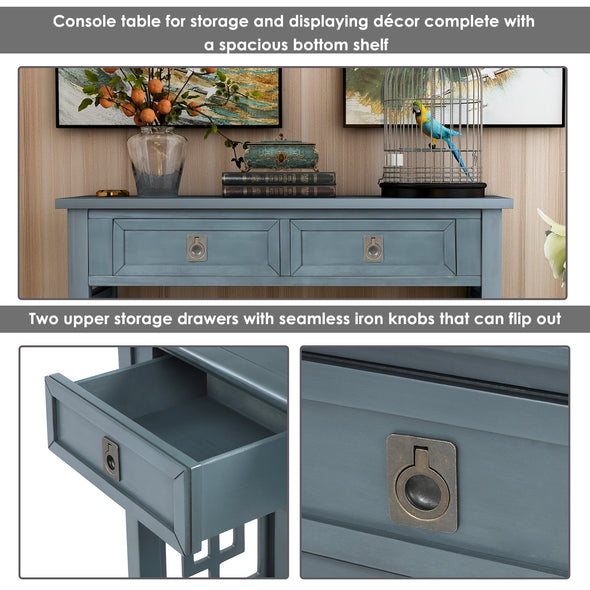 Console Table with 2 Drawers and Bottom Shelf, Entryway Accent Sofa Table (Antique Navy)