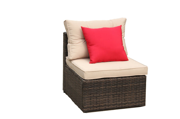 5PC Rattan Patio Furniture Set Wicker Sofa Cushioned Sectional Furniture Brown Cushion
