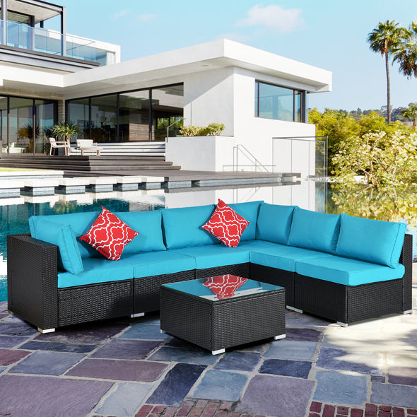 Outdoor Garden Patio Furniture 7-Piece PE Rattan Wicker Sectional Cushioned Sofa Sets with 2 Pillows and Coffee Table