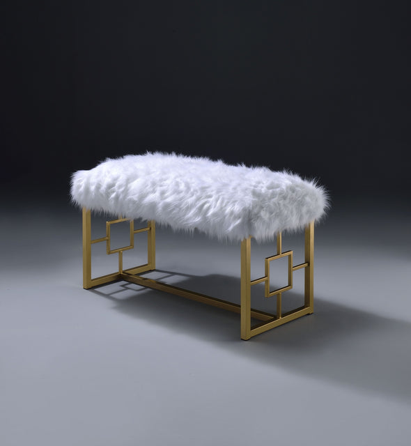 Bagley II Bench in White Faux Fur & Gold 96451