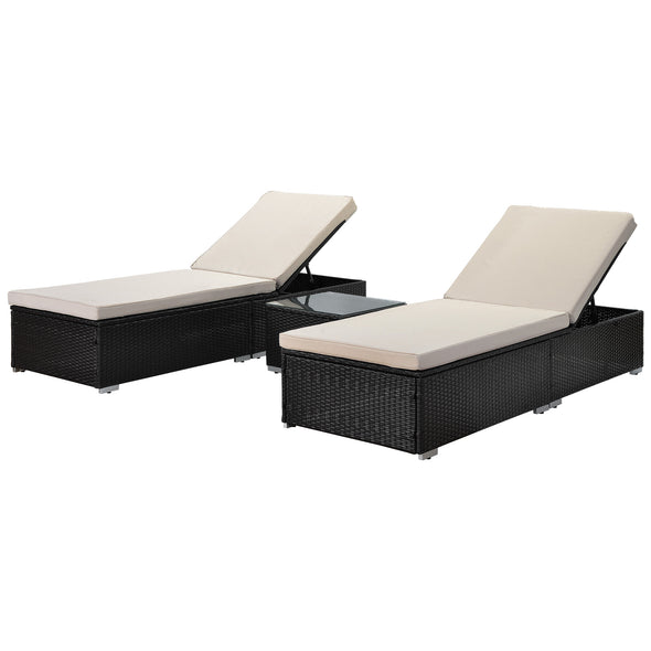 Outdoor Garden 3 Piece Wicker Patio Chaise Lounge Set  Adjustable PE Rattan Reclining Chairs with Cushions and Side Table.