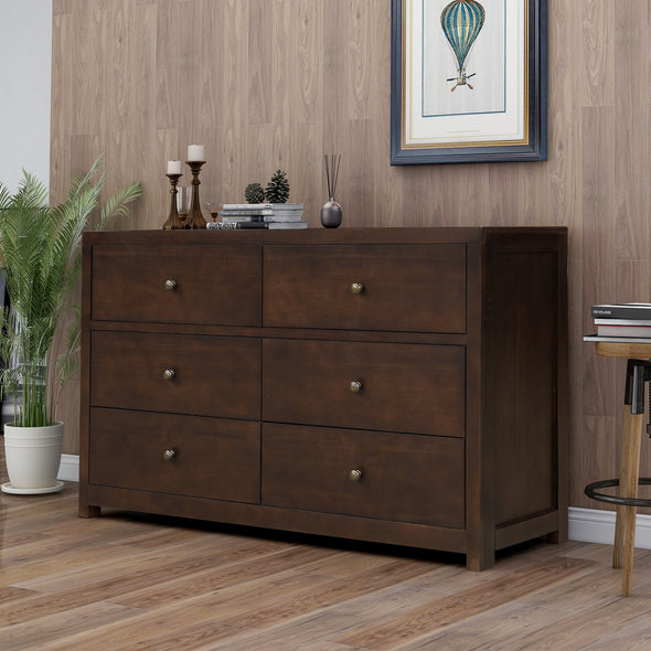 Vintage Aesthetic Solid Wood 6 Drawer Double Dresser in Rich Brown (Dresser of Freely Configurable Bedroom Sets)