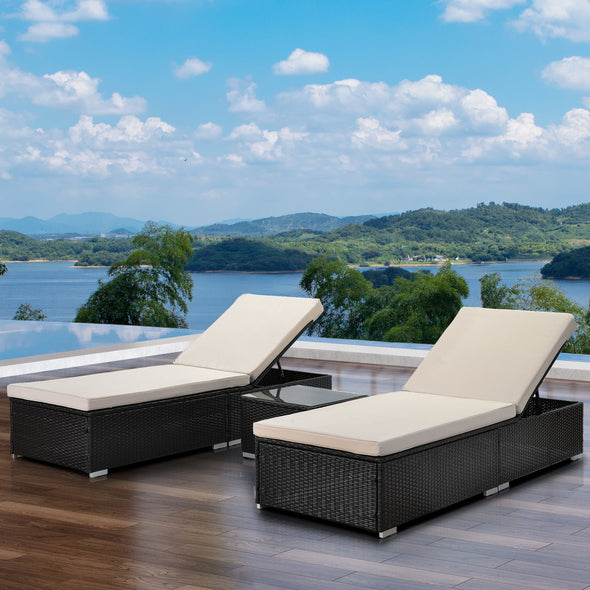 Outdoor Garden 3 Piece Wicker Patio Chaise Lounge Set  Adjustable PE Rattan Reclining Chairs with Cushions and Side Table.