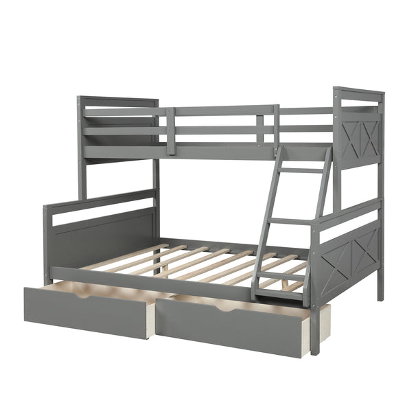 Twin Over Full Bunk Bed with ladder, Two Storage Drawers, Safety Guardrail, Gray（New）
