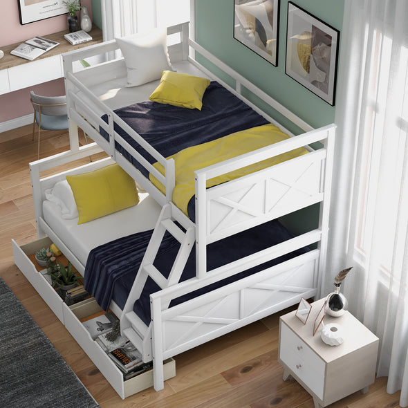 Twin Over Full Bunk Bed with Ladder, Two Storage Drawers, Safety Guardrail, White（New）