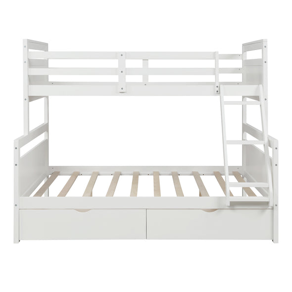 Twin Over Full Bunk Bed with Ladder, Two Storage Drawers, Safety Guardrail, White（New）