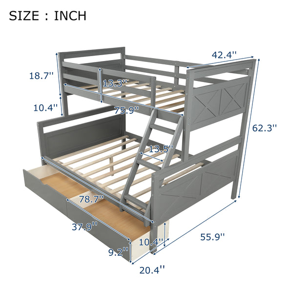 Twin Over Full Bunk Bed with ladder, Two Storage Drawers, Safety Guardrail, Gray（New）