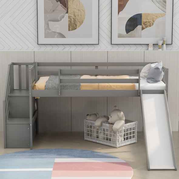 Twin Size Low Loft Bed with Adjustable Slide and Staircase, Gray（New）