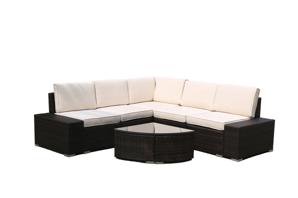 6 PCs Outdoor Patio PE Rattan Wicker Sofa Sectional Furniture brown rattan with beige cushion