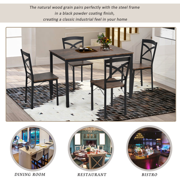 5-Piece Industrial Wooden Dining Set with Metal Frame and 4 Ergonomic Chairs, Brown