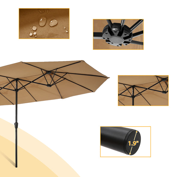 15x9ft Large Double-Sided Rectangular Outdoor Twin Patio Market Umbrella w/Crank- taupe
