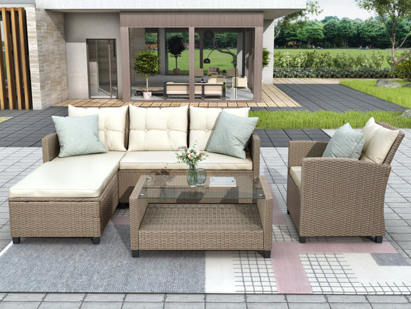 Living room,Outdoor, Patio Furniture Sets, 4 Piece Conversation Set Wicker Ratten Sectional Sofa with Seat Cushions(Beige Brown)