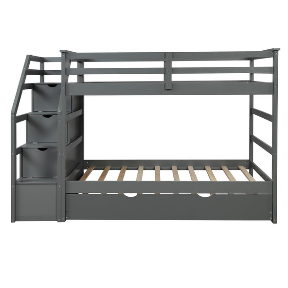 Twin-Over-Twin Bunk Bed with Twin Size Trundle and 3 Storage Stairs (Gray)