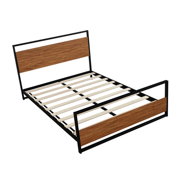 Full Size Metal and Wood Platform Bed with Headboard and Footboard ,No  Box Spring needed , Wood Slat Support