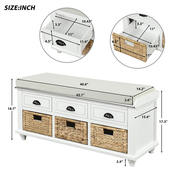 Rustic Storage Bench with 3 Drawers and 3 Rattan Baskets, Shoe Bench for Living Room, Entryway (White)