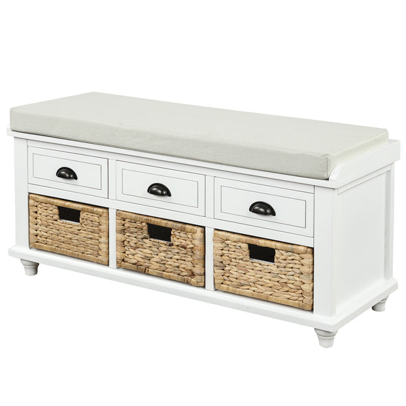 Rustic Storage Bench with 3 Drawers and 3 Rattan Baskets, Shoe Bench for Living Room, Entryway (White)