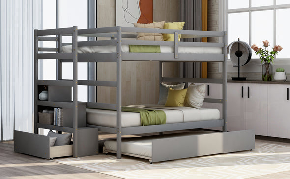 Full over Full Bunk Bed with Twin Size Trundle (Gray)