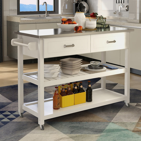 Stainless Steel Table Top White Kicthen Cart With Two Drawers