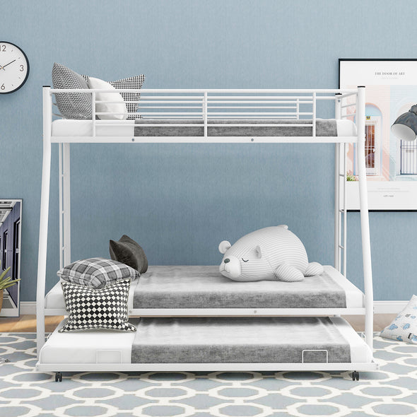 Twin over Full Bed with Sturdy Steel Frame, Bunk Bed with Twin Size Trundle, Two-Side Ladders, White(New)