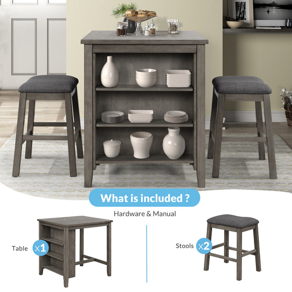 3 Piece Square Dining Table with Padded Stools, Table Set with Storage Shelf,Dark Gray