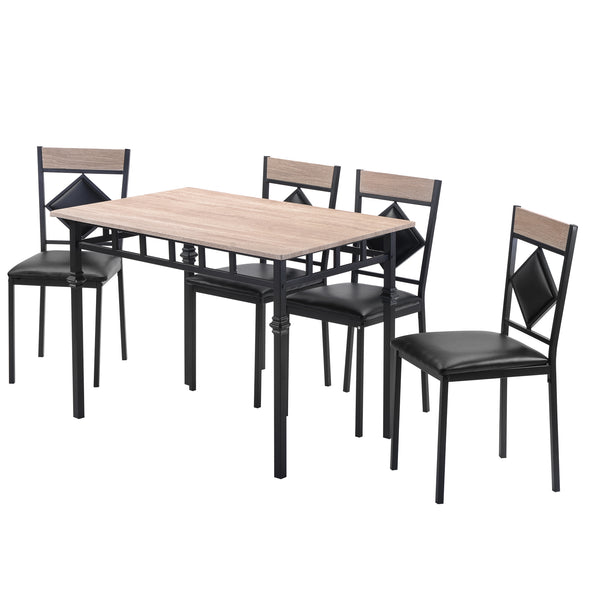Dining Table Set Wood Kitchen Table and 4 Leather Dining Chair 5 Piece Kitchen Table Set with Metal Frame, Nature