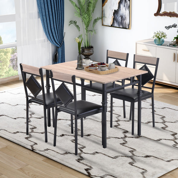 Dining Table Set Wood Kitchen Table and 4 Leather Dining Chair 5 Piece Kitchen Table Set with Metal Frame, Nature