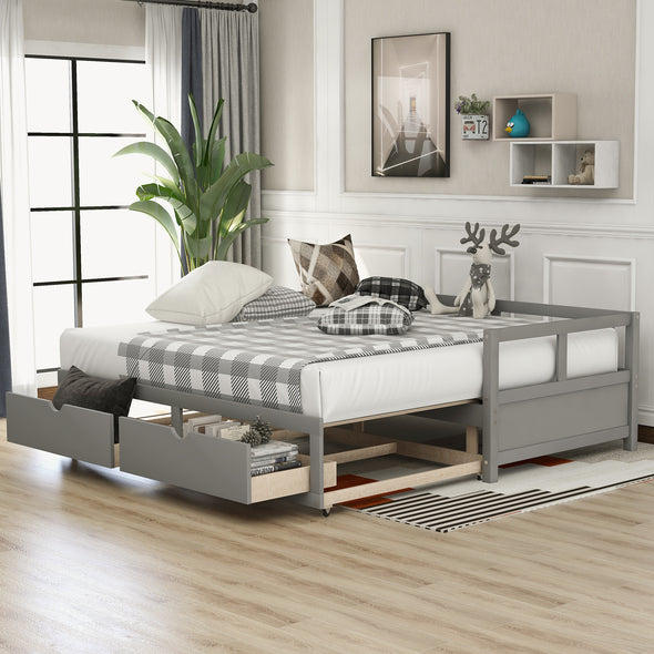 Wooden Daybed with Trundle Bed and Two Storage Drawers ,Extendable Bed Daybed,Sofa Bed for Bedroom Living Room, Gray