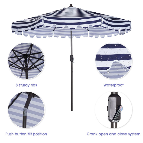 Outdoor Patio Umbrella 9-Feet Flap Market Table Umbrella 8 Sturdy Ribs with Push Button Tilt and Crank, blue/white with Flap[Umbrella Base is not Included]