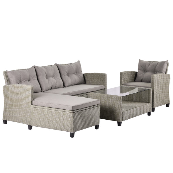 Living room,Outdoor, Patio Furniture Sets, 4 Piece Conversation Set Wicker Ratten Sectional Sofa with Seat Cushions(Beige Brown)