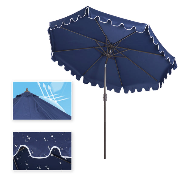 Outdoor Patio Umbrella 9-Feet Flap Market Table Umbrella 8 Sturdy Ribs with Push Button Tilt and Crank, navy blue with Flap[Umbrella Base is not Included]