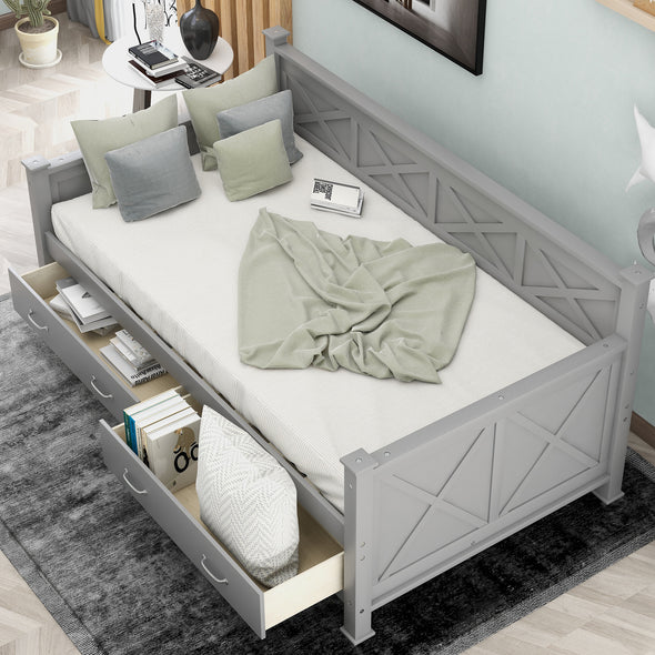 Twin Size Daybed with 2 Large Drawers, X-shaped Frame, Modern and Rustic Casual Style Daybed, Gray(New)