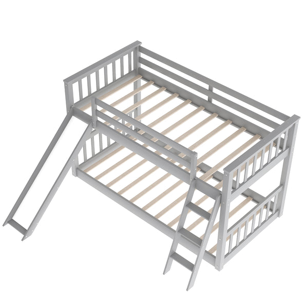 Twin Over Twin Bunk Bed with Slide and Ladder, Gray（New）