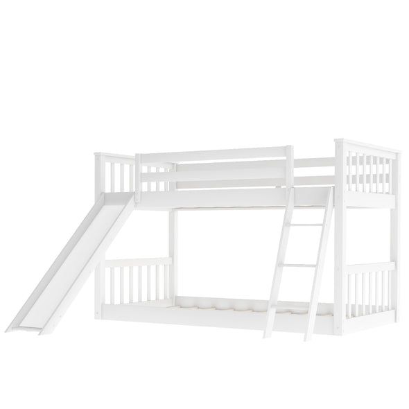 Twin Over Twin Bunk Bed with Slide and Ladder, White （New）