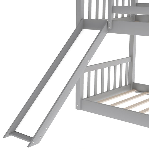 Twin Over Twin Bunk Bed with Slide and Ladder, Gray（New）