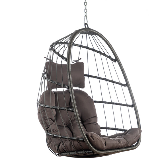 Indoor Outdoor Wicker Rattan Swing Chair Hammock chair Hanging Chair with Aluminum Frame and Dark Grey Cushion Without Stand 265LBS Capacity